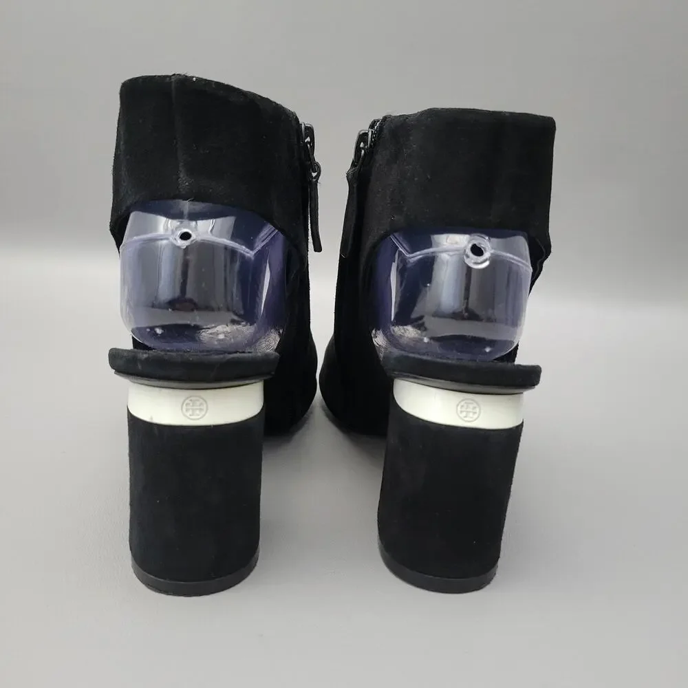 Tory Burch Size 8M Black Open Toe Block Heel Bootie Black Luxury Nubuck Peep Toe